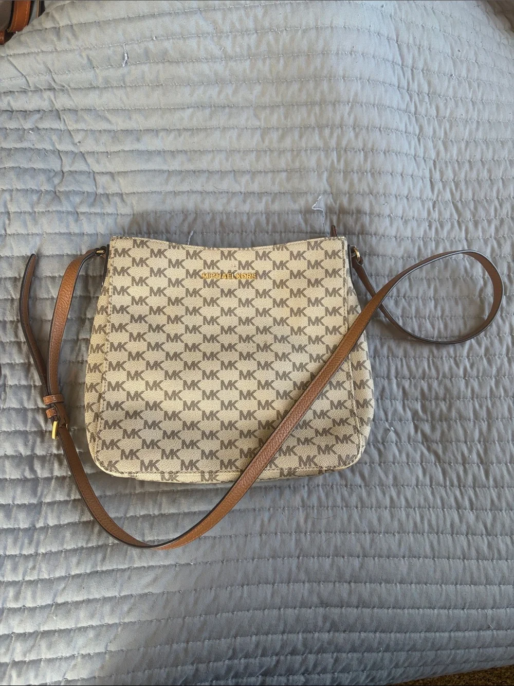 Michael Kors Beige MK Monogram Crossbody with Brown Strap